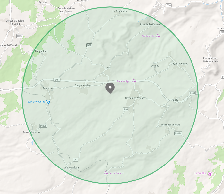 Carte de la zone d'intervention de Laurine Nicolas, aide à domicile à Orchamps-Vennes